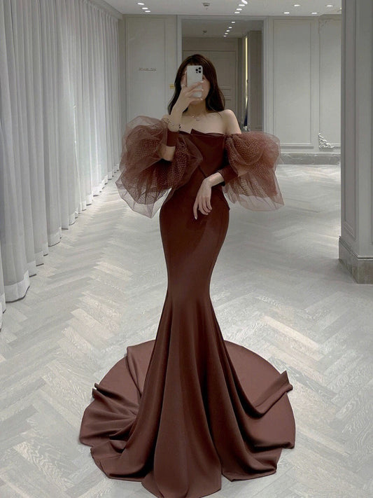 Classy Mermaid Off The Shoulder Satin Brown Evening Dress Long Prom Dresses H2885