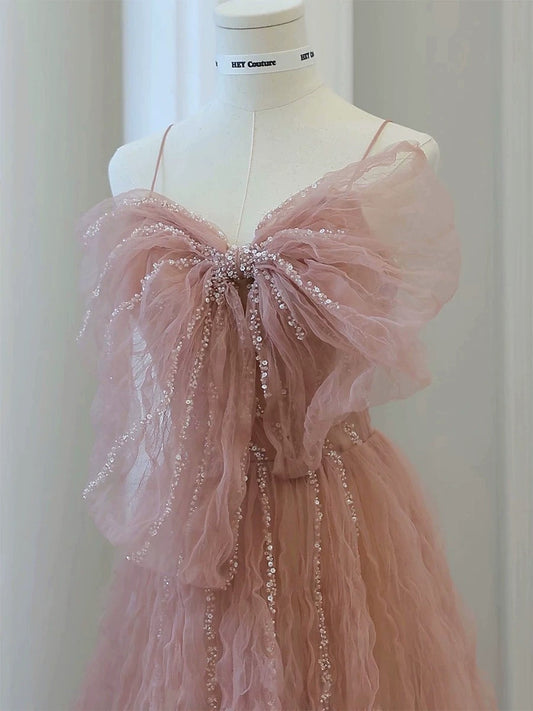 Classy Elegant A line Spaghetti Straps Pink Tulle Beading Sleeveless Prom Dresses H2888