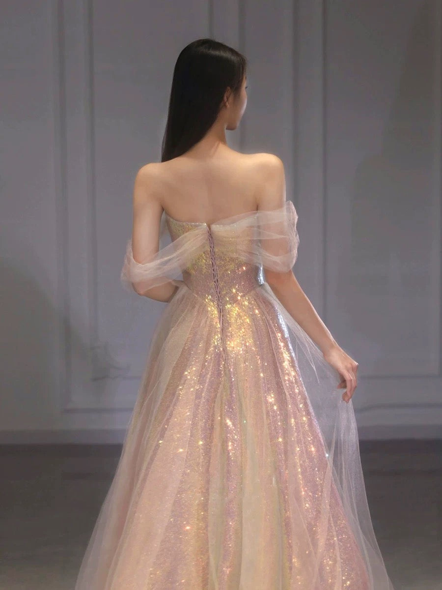 Classy Elegant Ball Gown Off The Shoulder Pink Short Sleeves Tulle Long Prom Dresses H2894