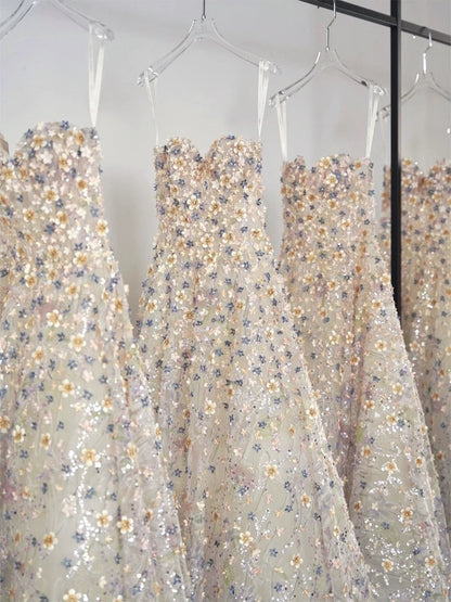 Classy Elegant Ball Gown Sweetheart White Flowers Tulle Long Prom Dresses H2895