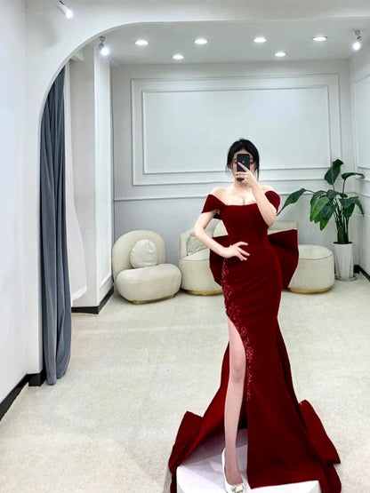 Classy Mermaid Off The Shoulder Satin Burgundy Short Sleeves Evening Dress Long Prom Dresses H2897