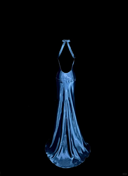Vintage Mermaid Halter Neck Blue Satin Backless Prom Gown Fairy Prom Dresses SD2905