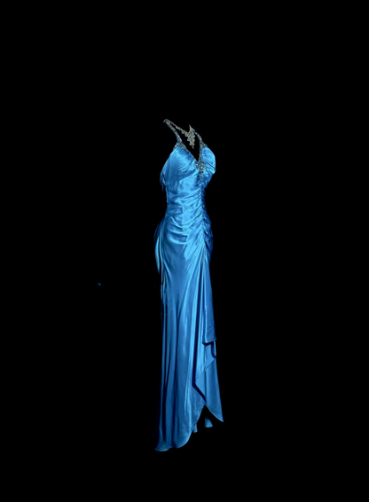 Vintage Mermaid Halter Neck Royal Blue Satin Backless Prom Gown Fairy Prom Dresses SD2907