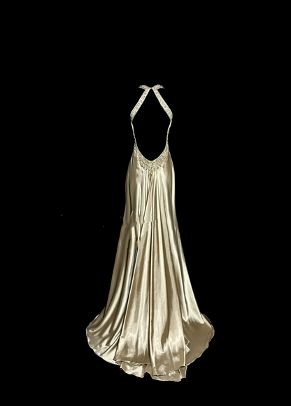Aesthetic A line Halter Neckline Champagne Satin Prom Dress Ruffle Long Party Dress SD2908