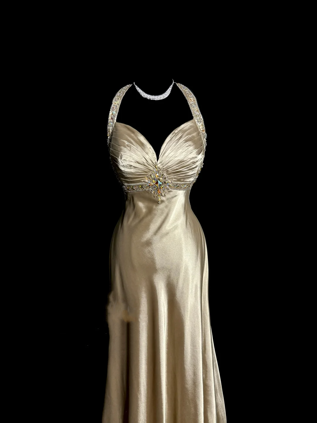 Aesthetic A line Halter Neckline Champagne Satin Prom Dress Ruffle Long Party Dress SD2908
