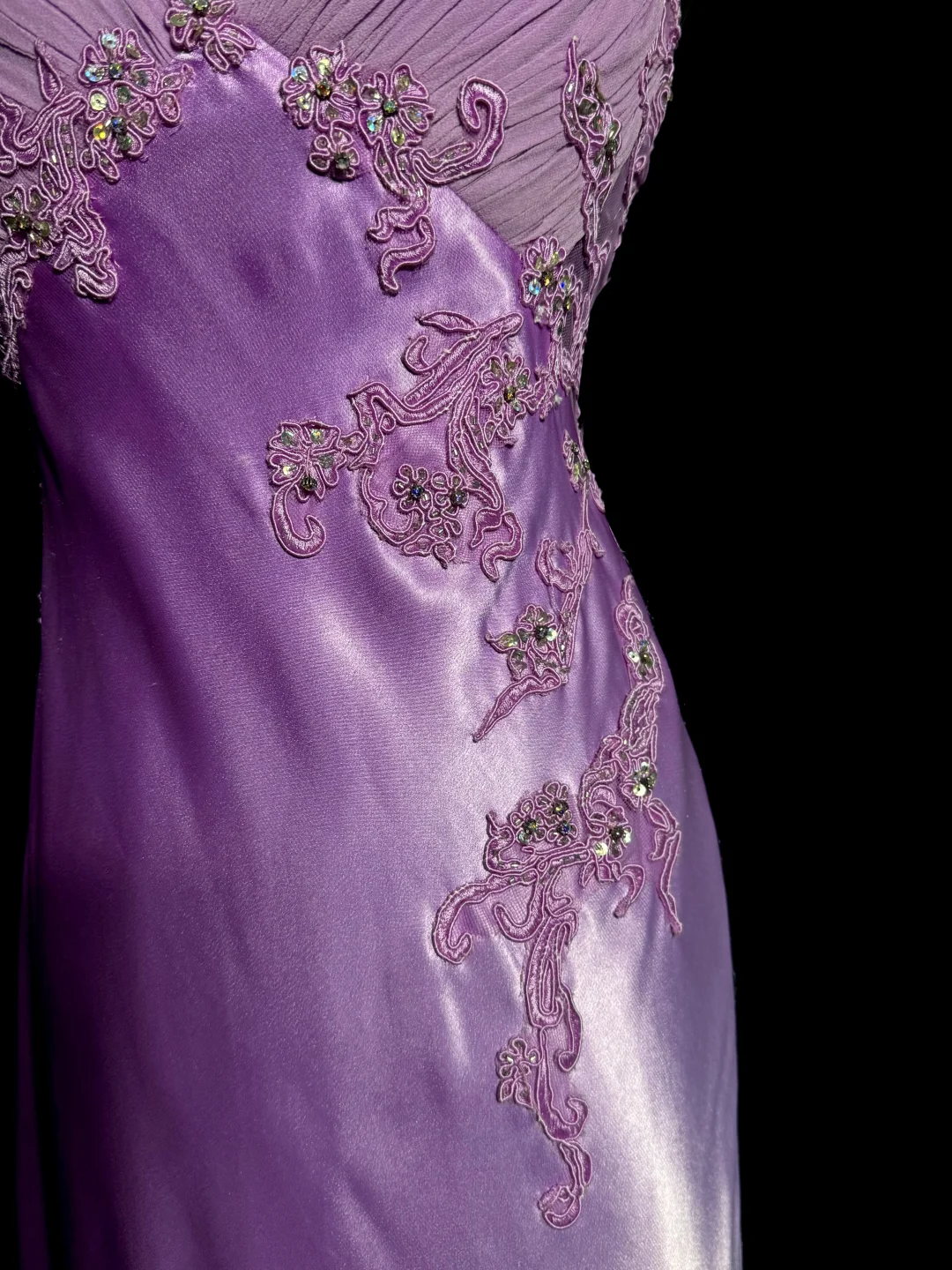 Aesthetic A line Halter Neckline Lilac Satin Prom Dress Ruffle Long Party Dress SD2910