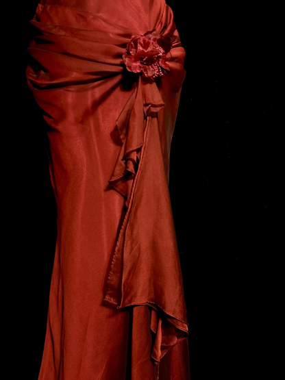 Aesthetic Mermaid Halter Neckline Red Satin Prom Dress Ruffle Long Party Dress SD2912