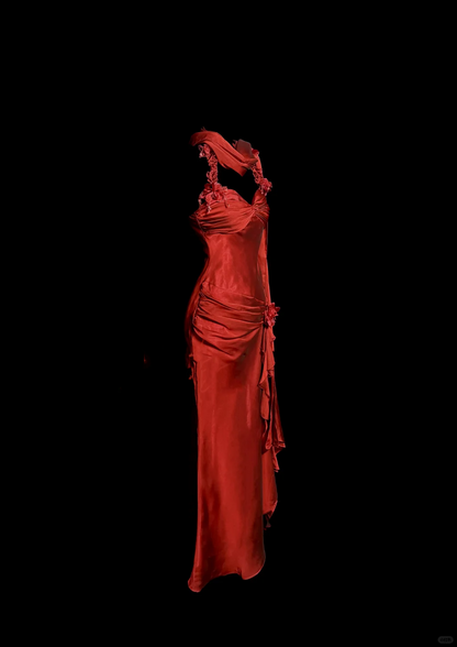 Aesthetic Mermaid Halter Neckline Red Satin Prom Dress Ruffle Long Party Dress SD2912