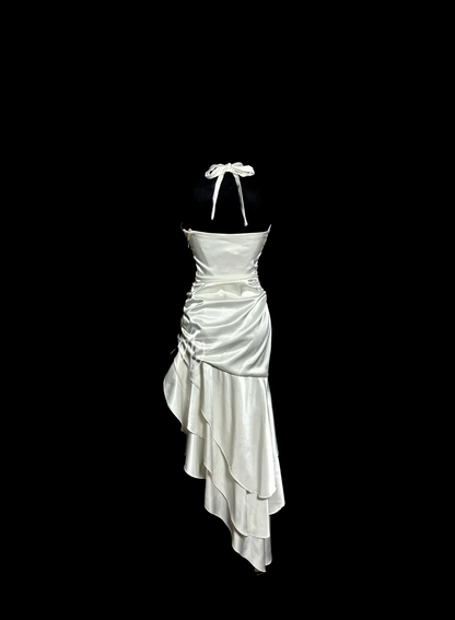 Retro Mermaid Halter Satin High Low Evening Dress Prom Dresses SD2915
