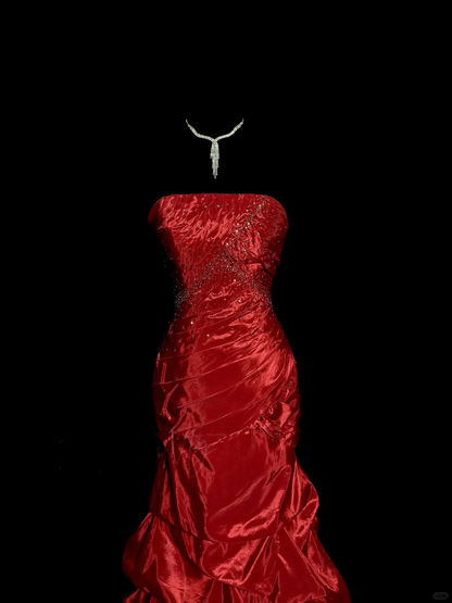 Aesthetic Mermaid Strapless Neckline Red Taffeta Prom Dress Ruffle Long Party Dress SD2917
