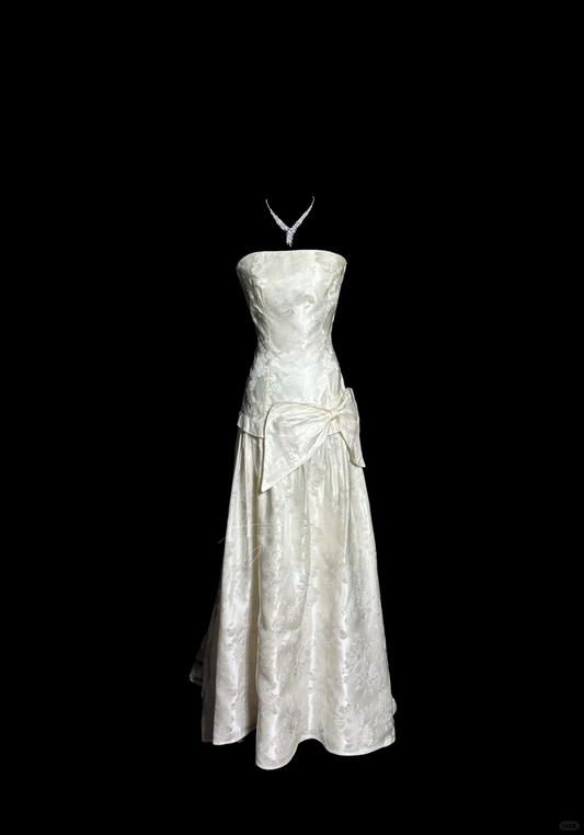 Vintage A line Strapless White Lace Prom Gown Fairy Prom Dresses SD2922