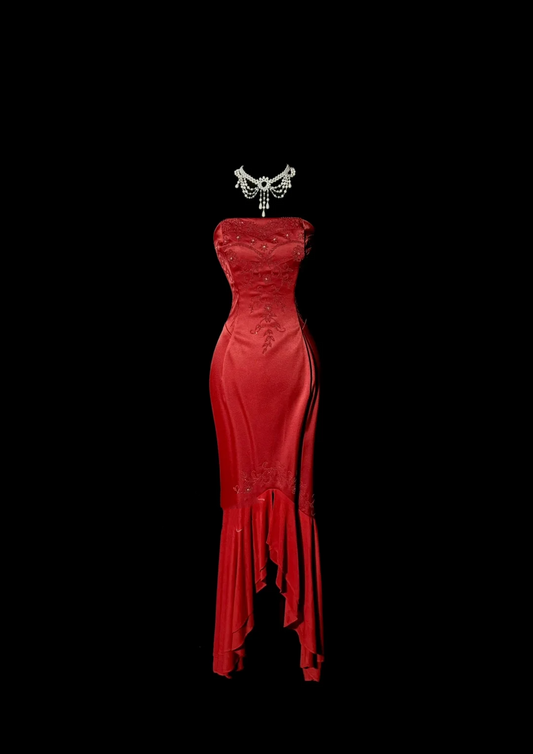 Vintage High Low Strapless Red Long Prom Gown Fairy Prom Dresses SD2935