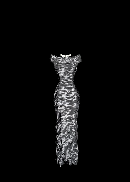 Vintage Sheath Off The Shoulder Silver Gray Sleeveless Long Prom Gown Fairy Prom Dresses SD2943