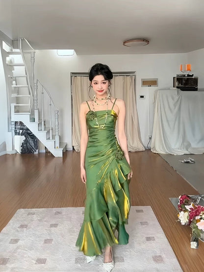 Vintage Mermaid Spaghetti Straps Green Long Party Dresses Birthday Outfits SD2948