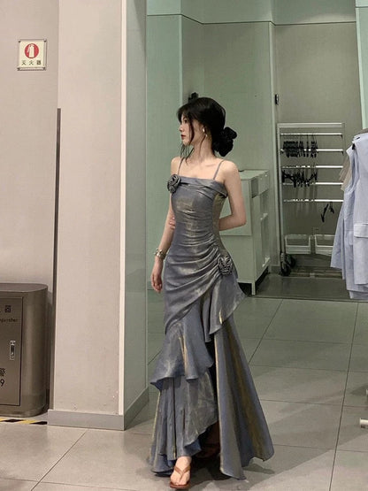 Vintage Mermaid Spaghetti Straps Gray Long Party Dresses Birthday Outfits SD2949