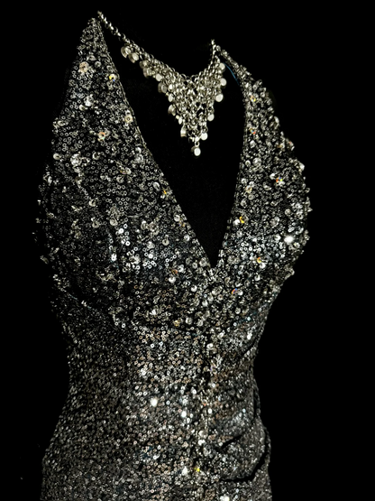 Vintage Mermaid V Neckline Gray Sequin Long Prom Gown Fairy Prom Dresses SD2958