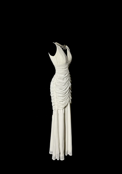 Classy Mermaid V Neckline Chiffon White Beads Long Evening Dress Prom Dresses H2965
