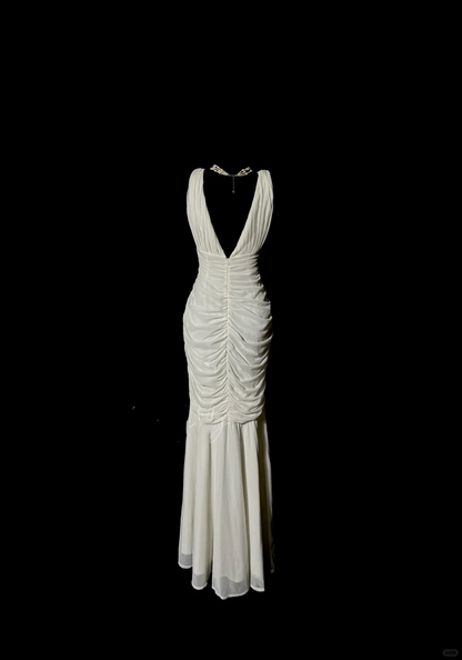 Classy Mermaid V Neckline Chiffon White Beads Long Evening Dress Prom Dresses H2965
