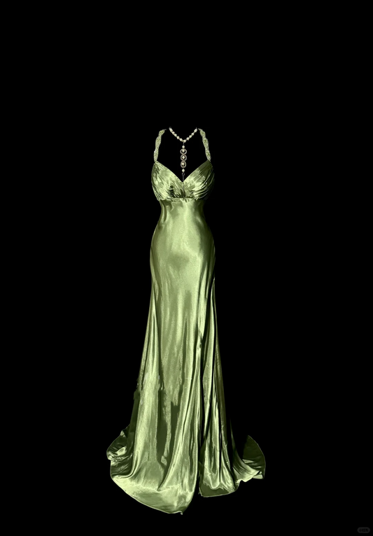 Vintage Classy Mermaid V Neckline Sage Green Backless Long Evening Dress Prom Dresses H2970