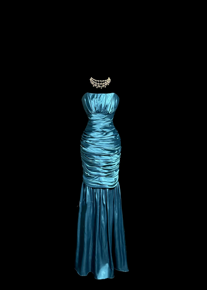 Vintage Classy Mermaid Strapless Blue Satin Sleeveless Pleated Long Evening Dress Prom Dresses H2978