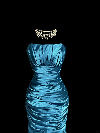 Vintage Classy Mermaid Strapless Blue Satin Sleeveless Pleated Long Evening Dress Prom Dresses H2978