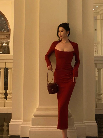 Chic Sheath Long Sleeves Red Prom Dresses Sexy Birthday Outfits SD298