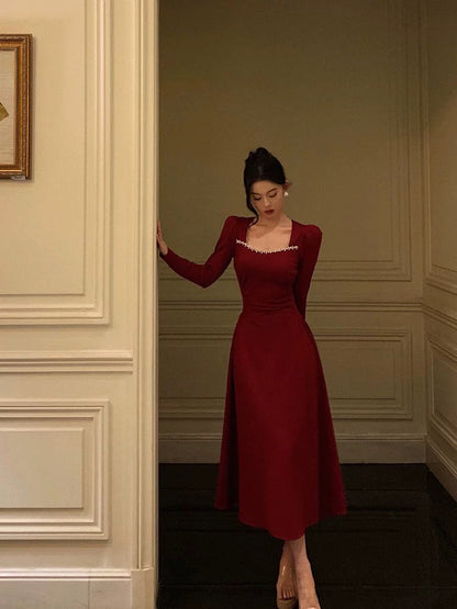 Simple A line Square Neckline Long Sleeves Red Prom Dresses Birthday Dress SD413