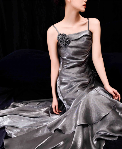 French Mermaid Spaghetti Straps Ruffles Silver Gray Prom Dresses Long Birthday Outfits SD504