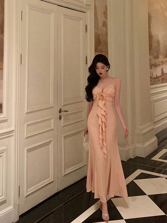 Gorgeous Sheath Spaghetti Straps Pink Chiffon Date Night Dress Prom Dresses Birthday Outfits SD665