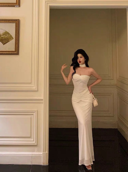 Sexy Mermaid Sweetheart White Long Prom Dresses Simple Fold Birthday Outfits SD685