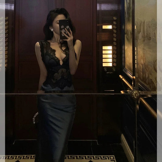 Sexy Sheath V Neckline Sleeveless Navy Blue Tea Length Prom Dresses Birthday Outfits SD713