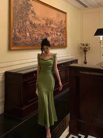Classy Mermaid Straps Green Satin Long Evening Dresses Birthday Outfits SH2893