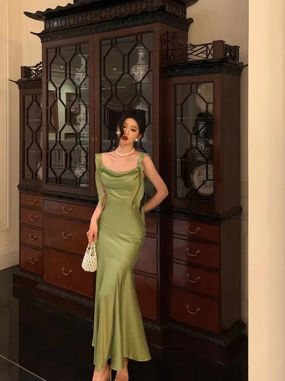 Classy Mermaid Straps Green Satin Long Evening Dresses Birthday Outfits SH2893