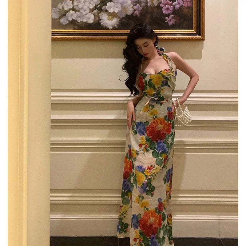 Pretty A Line Halter Floral Long Prom Dresses Birthday Outfits Evening Gown SD820
