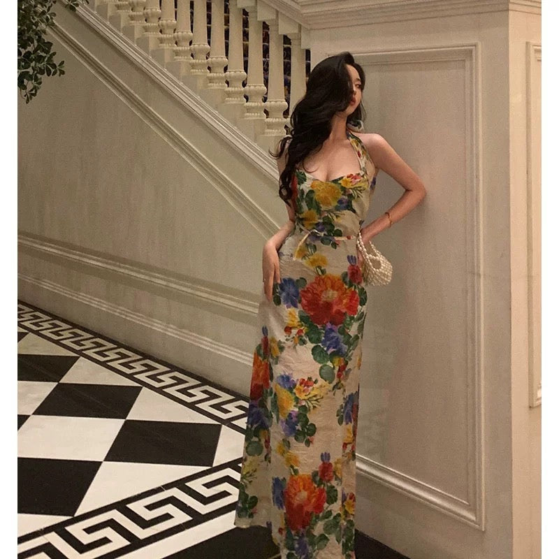 Pretty A Line Halter Floral Long Prom Dresses Birthday Outfits Evening Gown SD820