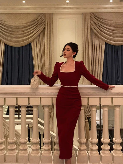Stunning Sheath Square Neckline Long Sleeves Date Night Dress Red Prom Dresses Birthday Outfit SD839