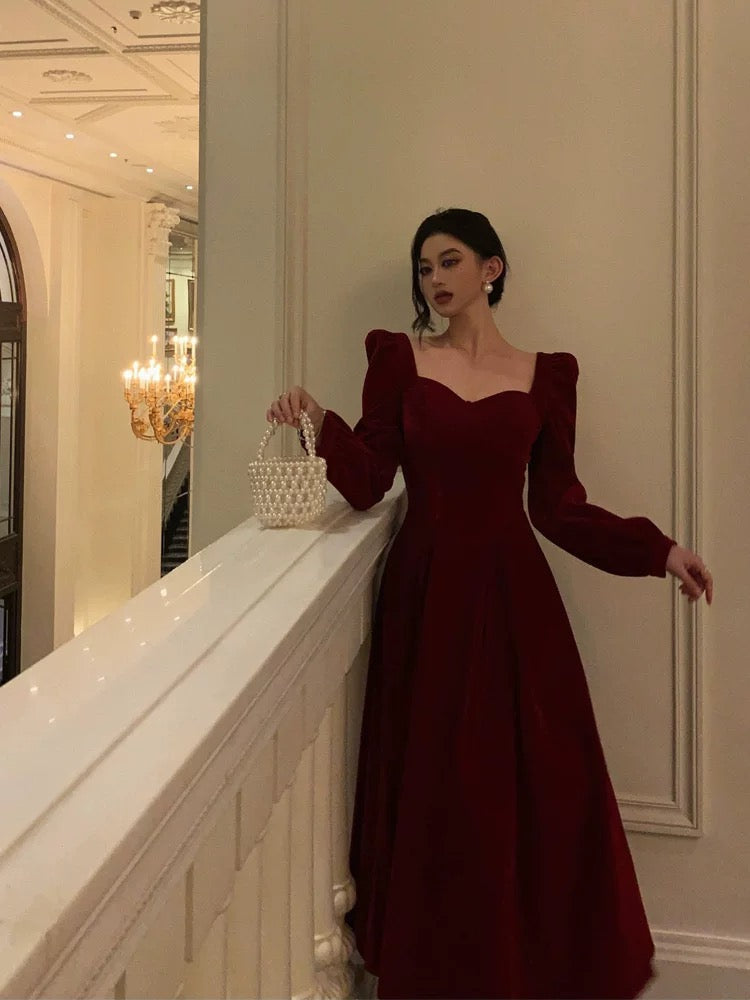 Stunning A line Square Neckline Long Sleeves Red Velvet Date Night Dress Prom Dresses Birthday Party Outfit SD872