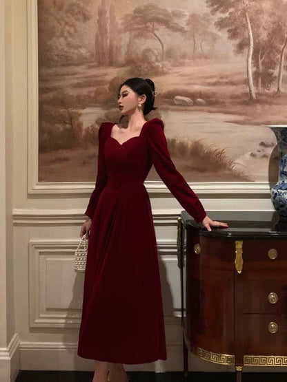 Stunning A line Square Neckline Long Sleeves Red Velvet Date Night Dress Prom Dresses Birthday Party Outfit SD872