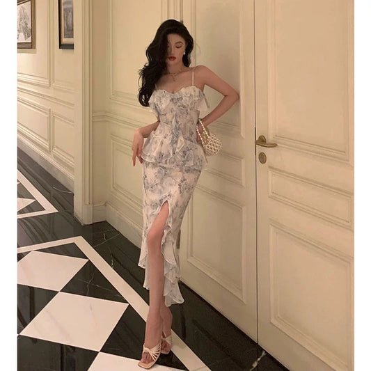 Classy Sheath Spaghetti Straps Chiffon Floral Prom Dresses Birthday Outfits Evening Gown SD912