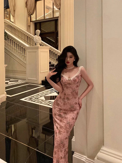 Sexy Sheath Straps Pink Floral Prom Dresses Long Birthday Outfits Evening Gown SD928