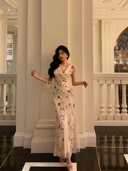 Sexy Mermaid Jewel Neckline Floral Chiffon Prom Dresses Birthday Outfits Evening Gown SD958