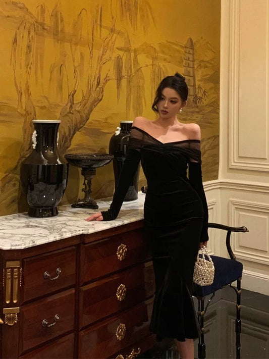Elegant Mermaid Off The Shoulder Long Sleeves Black Prom Dresses Birthday Outfits Evening Gown SD963