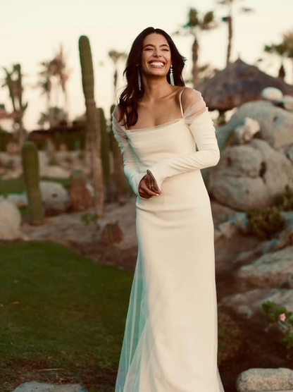 Elegant White Mermaid Long Sleeve Tulle Satin Long Sweep Wedding Dress SH4773