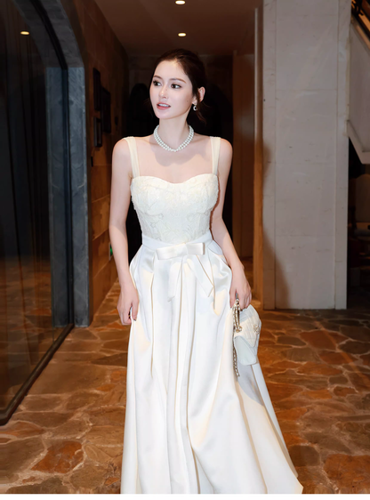 Pretty Bow Satin Lace A Line Long Evening Dress White Wedding Guest Dress SP1540