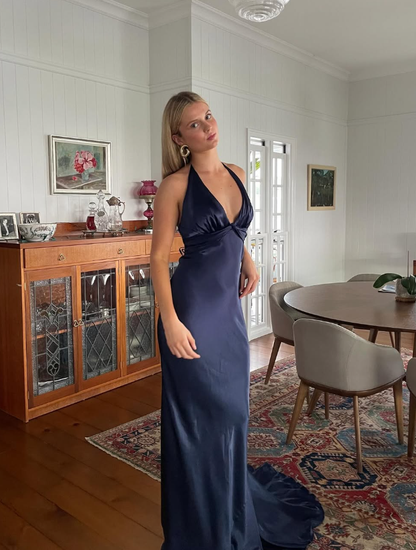 Navy Blue Sheath V Neck Satin Open Back Long Sweep Prom Dress Graduation Prom Dress SH2588