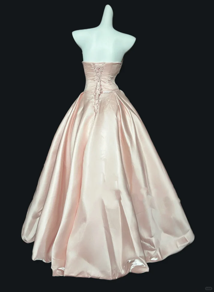 Classy Strapless Pink Satin Pleated Ball Gown Long Prom Dress D1071