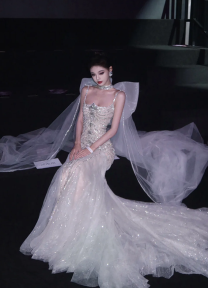 Rhinestone Exquisite Mermaid Spaghetti Strap Beaded Tulle Prom Dress Wedding Dress with Bow SH3639