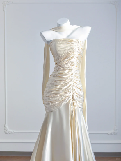 Ivory White Mermaid Spaghetti Straps Pleated Satin Long Prom Dress Party Dress SH4367