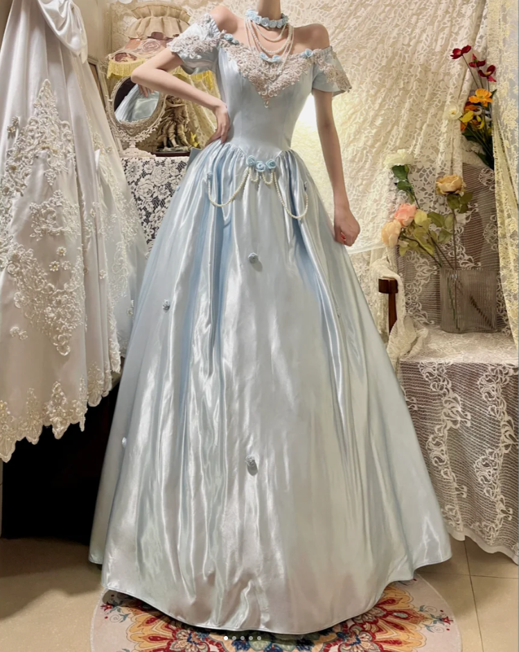 Fairy Blue Ball Gown Off The Shoulder Satin Long Birthday Party Dress With 3D Flowers Dress D21113