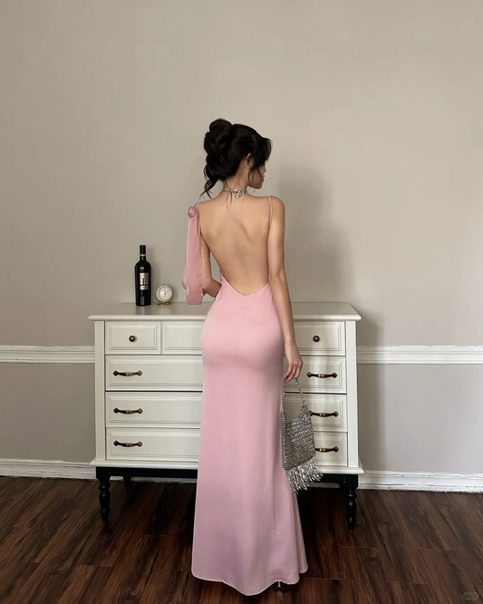 Simple Mermaid Spaghetti Strap Pink Satin Backless Party Dress Evening Dress SH3351